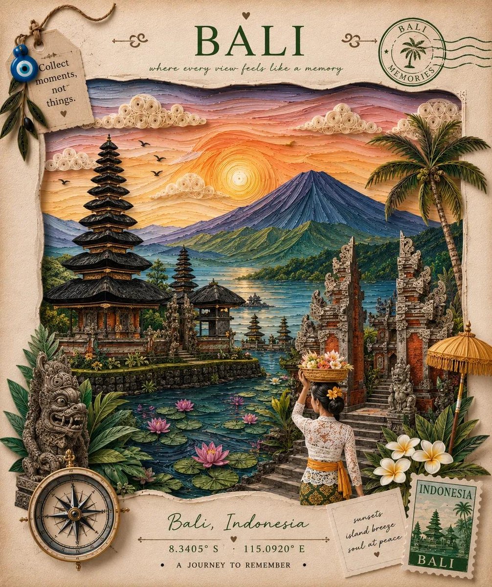创建一幅优雅的手工制作 3D 纸艺卷纸与分层纸艺旅行海报,主题为 {LOCATION},采用高级复古剪贴簿风格。运用精细的纸艺卷纸、分层卡纸、精准的剪纸以及压花纸纹理,艺术地再现…