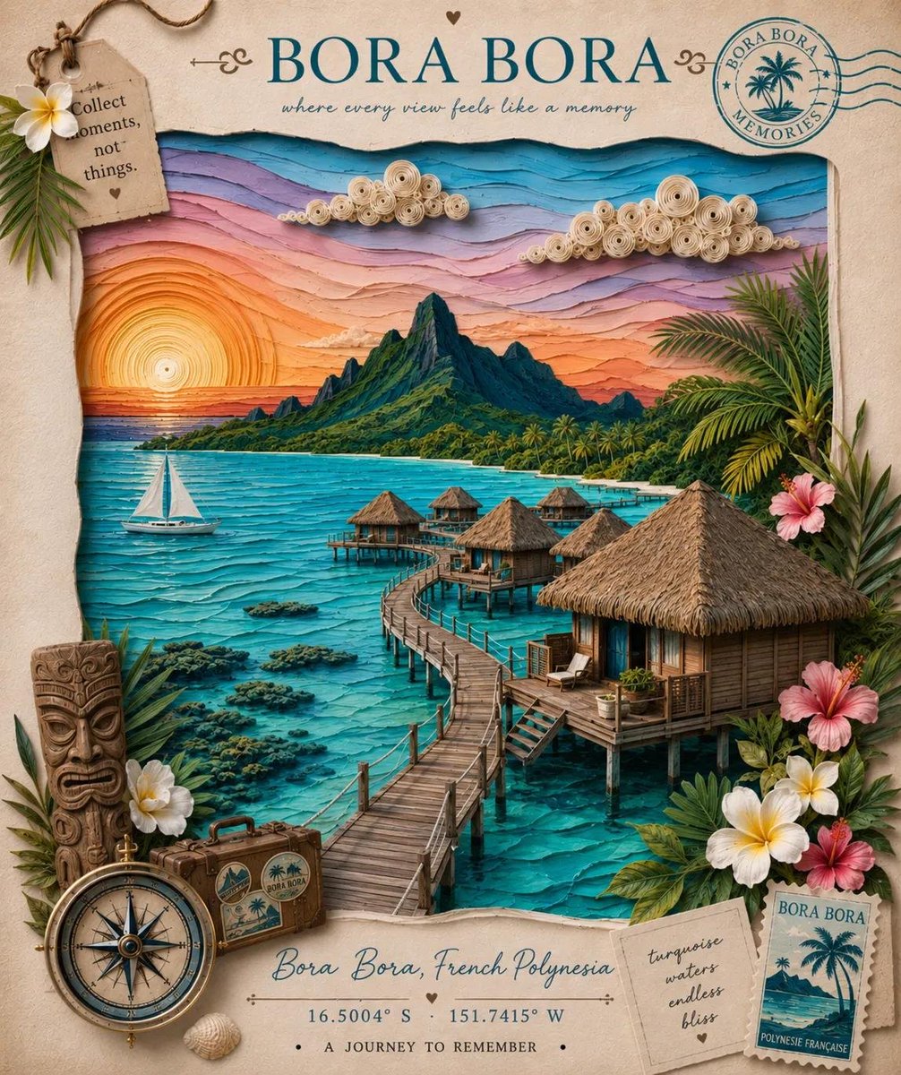 创建一幅优雅的手工制作 3D 纸艺卷纸与分层纸艺旅行海报,主题为 {LOCATION},采用高级复古剪贴簿风格。运用精细的纸艺卷纸、分层卡纸、精准的剪纸以及压花纸纹理,艺术地再现…