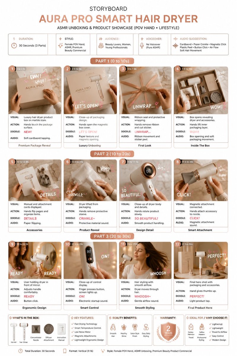 创建一个干净、优质的故事板信息图，用于豪华吹风机的 ASMR 开箱和产品展示视频。 设计规格： 背景： 白色背景，呈现现代、极简的奢华布局。 顶部标题： ST…