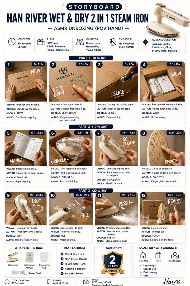 为一个产品 ASMR 开箱视频创建一个简洁、高级感的故事板信息图。 背景: 白色背景,现代极简布局。 标题: STORYBOARD(故事板) 产品: HAN RIVER WET…