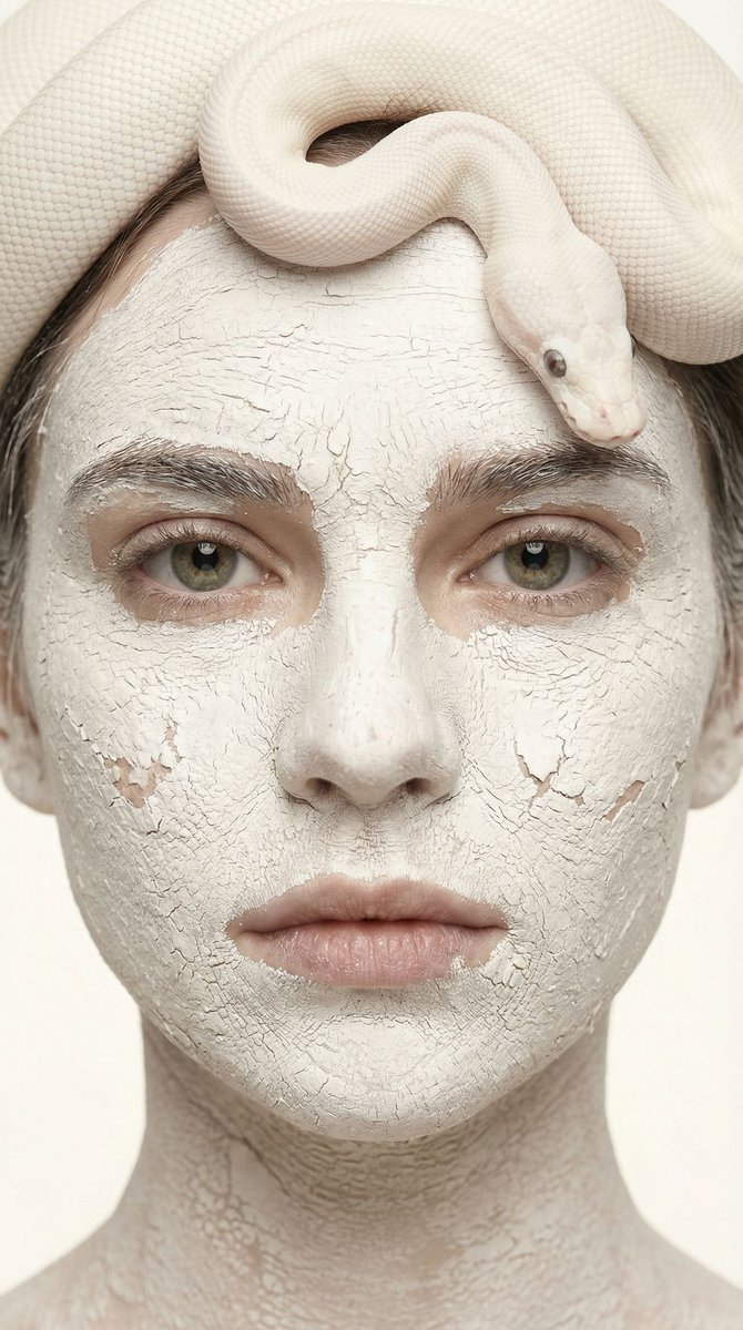 { "vibe_title_en": "Porcelain & Reptile", "master_prompt": "一幅超写实、前卫风格的特写肖像，将主角…