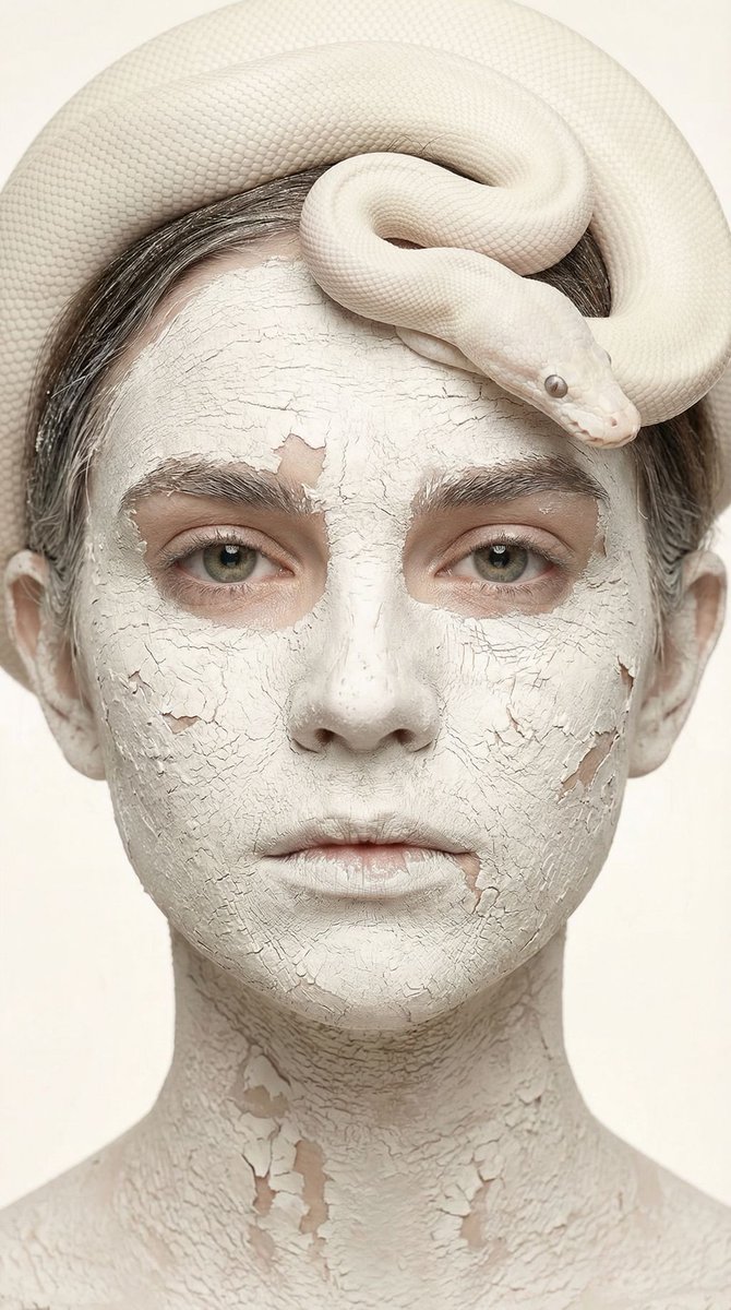 { "vibe_title_en": "Porcelain & Reptile", "master_prompt": "一幅超写实、前卫风格的特写肖像,将主角(The Prota…