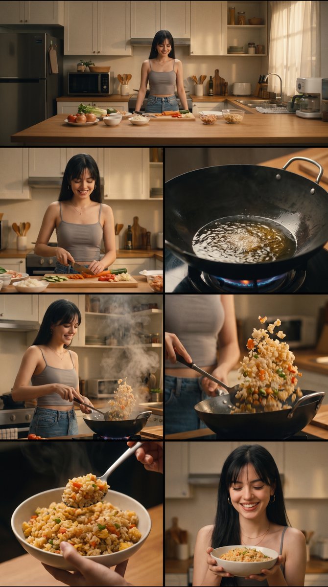 buat gambar cinematic ultrarealistis dengan 6 panel scene storyboard, yang menceritakan k…