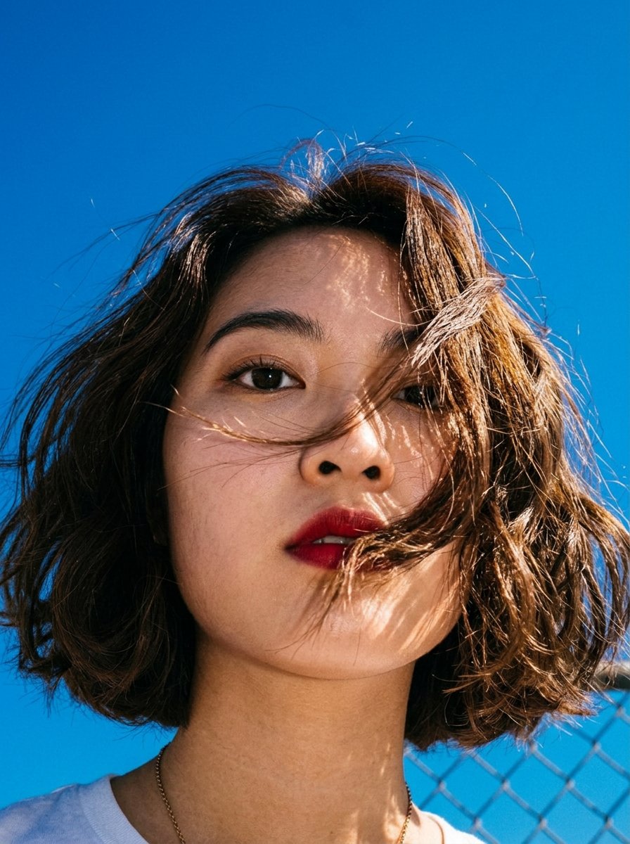 时尚生活方式人像,从极低的地面仰拍角度戏剧性地向上仰望,年轻东亚女性,短波浪波波头发型,风吹动的头发有一缕横过脸颊,一只眼睛与镜头锐利地直接对视,浓烈红唇作为唯一的妆容重点,身着…