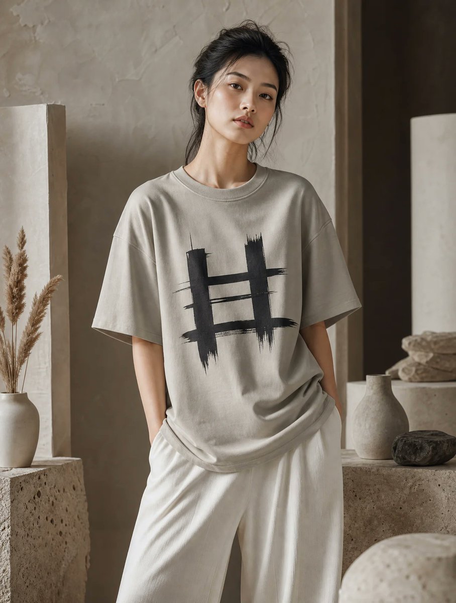 高端编辑级时尚大片，主角为一位22–26岁的年轻女性模特，自然美感，淡妆，黑发后扎，身穿奢华超大号石灰色灰咖色（#B9B5A9）重磅200 GSM棉质圆领T恤，胸前中央饰以极简黑…