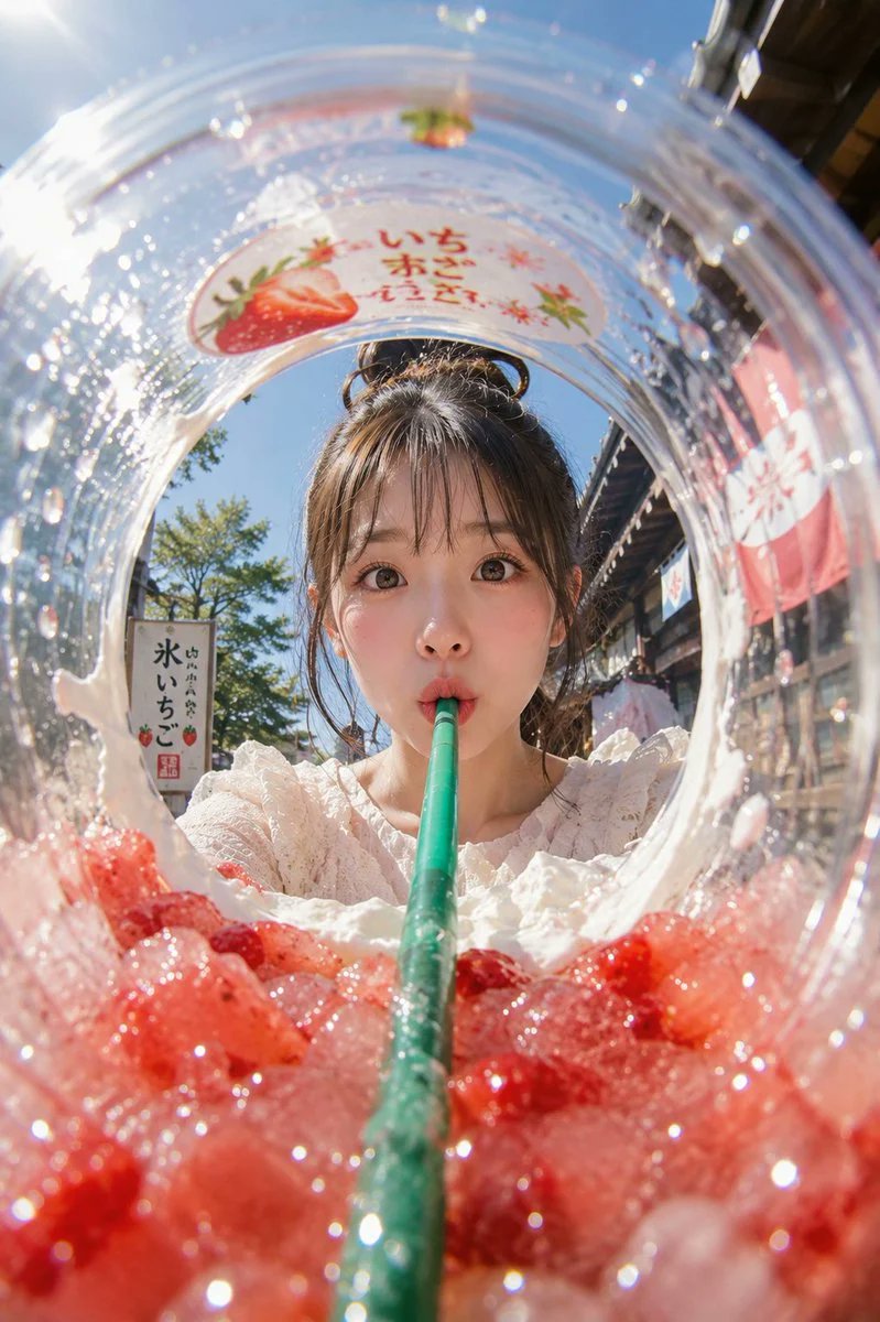主題： 氷越しの夏 主体： 縦長2:3のリアル写真。透明な大型プラスチックカップの内側から見上げるような超広角フィッシュアイ構図。画面下半分いっぱいに赤いいち…