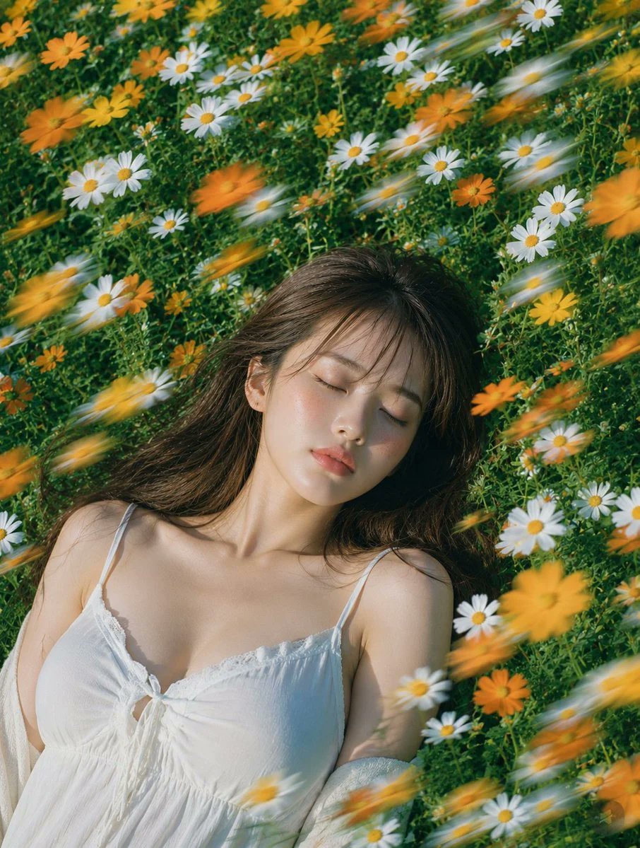 主題: 花風のまどろみ 主体: 縦長4:5の写真風ポートレート。白と黄色のマーガレット、オレンジ色の小花が密に咲く夏の草花畑に、成熟した大人の女性が仰向けで静かに横たわっている…