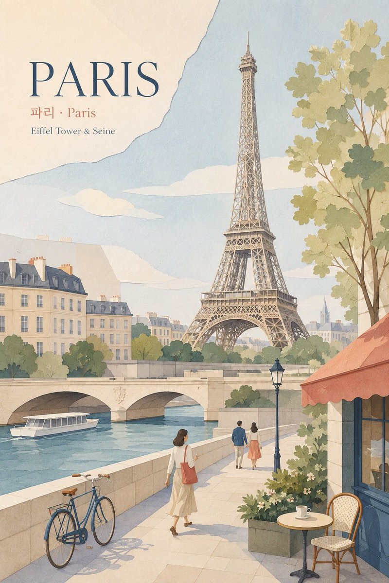 创作一幅精致的长宽比 2:3 竖版“PARIS（巴黎）”插画，采用极简柔和粉彩纸艺拼贴风格，并具备强烈的多视点当代数字绘画感。 呈现明亮柔和的日光。以埃菲尔铁…