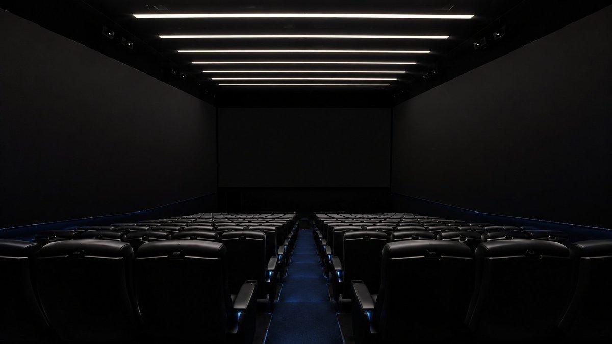 创建一个高度逼真的空电影院观众厅,紧密参考真实的 4DX with ScreenX 影厅外观,呈现现代商业影院的观感:中央前置银幕,投影画面延伸至左右两侧高耸的侧墙。使用从厅尾拍…