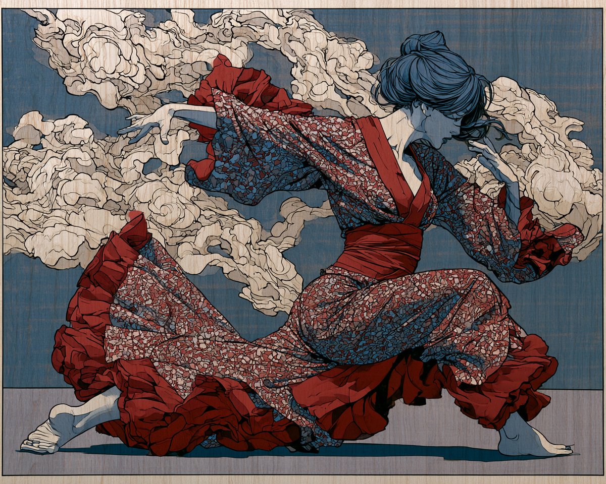 [主体] 作为日本浮世绘木刻版画，大胆平涂色块，细腻黑色轮廓线，可见木纹质感，飘渺雾气，柔和靛蓝与朱红配色，传统构图，细节丰富 --ar 5:4 --v 8.1 #prompts…