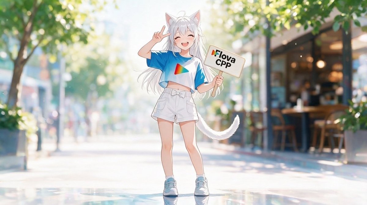 image_1 左手举着一个写着 "Flova CPP," 的牌子。她右手比着剪刀手(和平手势),露出牙齿开心地笑着。氛围超级可爱。夏日活力。色彩鲜艳。背景虚化光斑(Bokeh)…