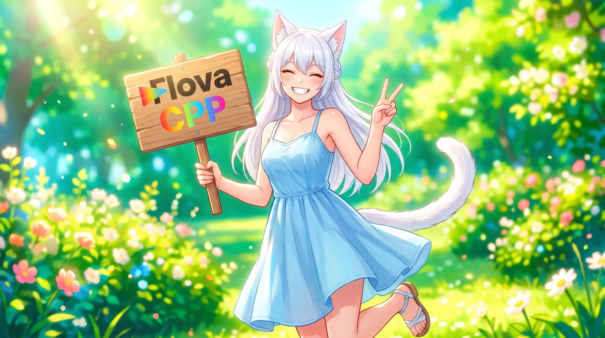 image_1 左手举着一个写着 "Flova CPP," 的牌子。她右手比着剪刀手(和平手势),露出牙齿开心地笑着。氛围超级可爱。夏日活力。色彩鲜艳。背景虚化光斑(Bokeh)…