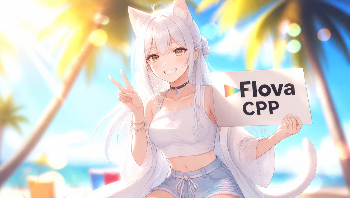 image_1 左手举着一个写着 "Flova CPP," 的牌子。她右手比着剪刀手(和平手势),露出牙齿开心地笑着。氛围超级可爱。夏日活力。色彩鲜艳。背景虚化光斑(Bokeh)…