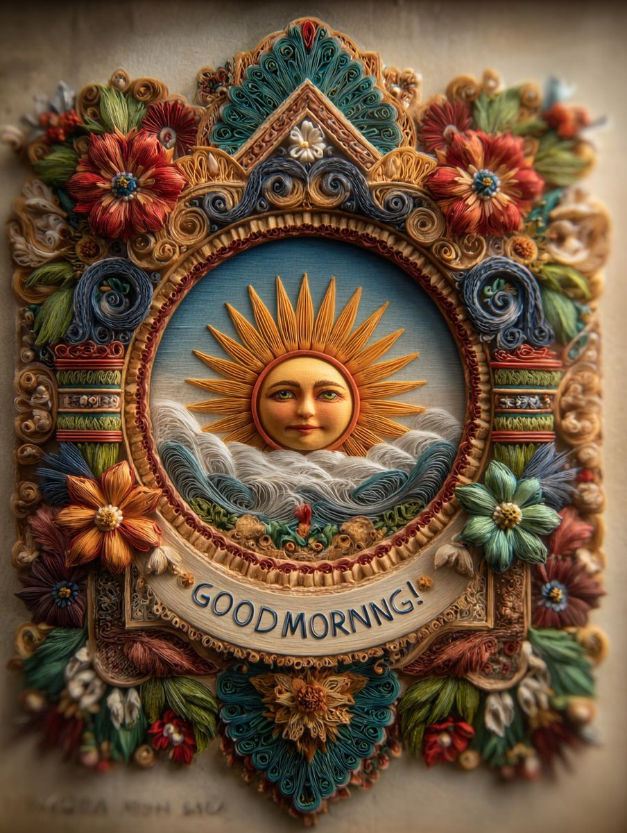 创作一幅大胆奇趣的 Wycinanki 波兰剪纸民间艺术插画,采用传统对称、极具装饰性的风格。画面中央是一轮日出,其圆润的造型被精细镂空,内含层层叠叠的清晨纹样、卷曲的"GOOD…