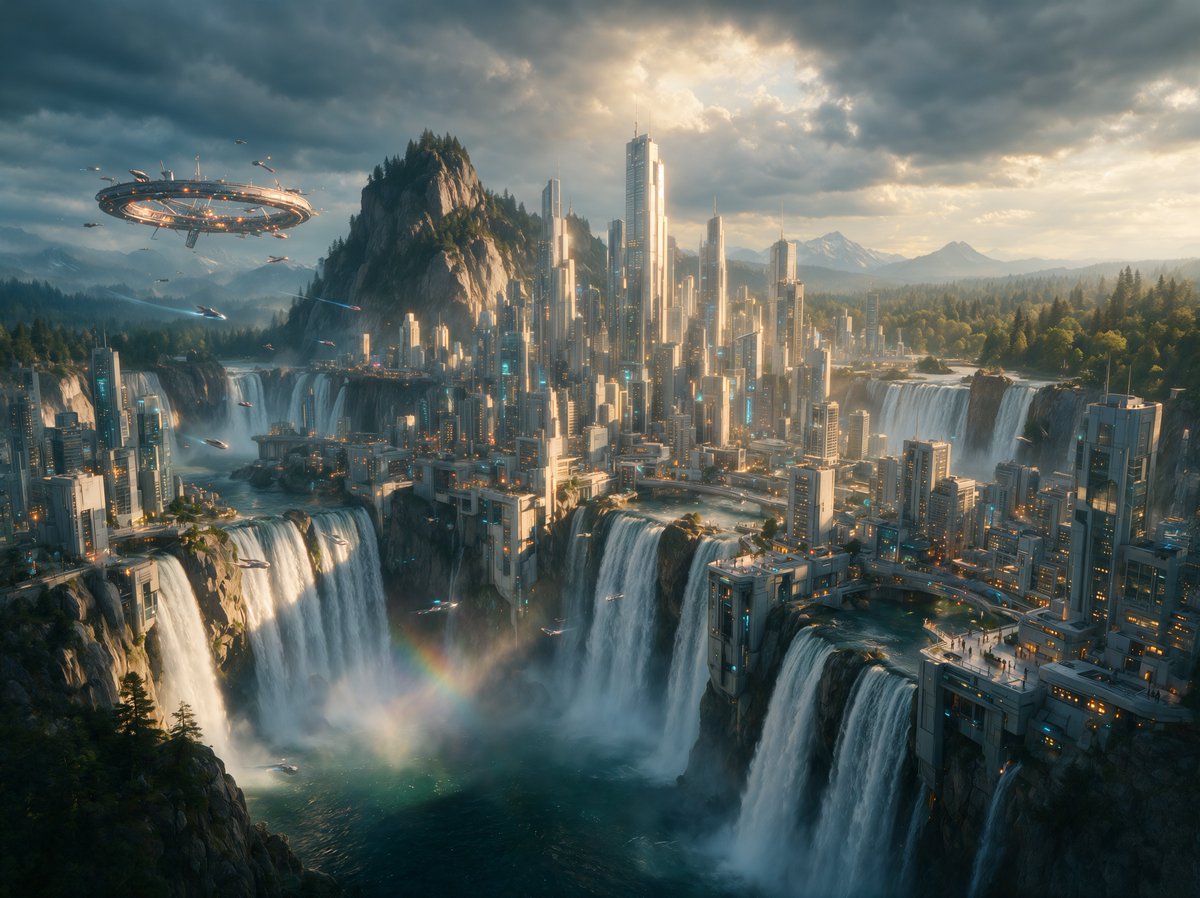 在 Seedream 5.0 Pro 中生成的“Landscape, Sci-Fi City, Waterfall”（风景、科幻城市、瀑布）。在我看来效果非常…