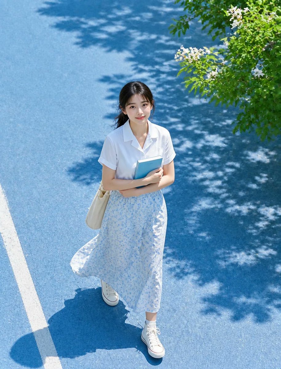主体与人物 一位成年女性走在明亮的蓝色人行道上,全身构图,人物占据画面底部中央约35%。黑色中长发低马尾,薄刘海与脸侧碎发在微风中轻柔飘动。面部肤色明亮自然,双颊透出红润感,妆容…