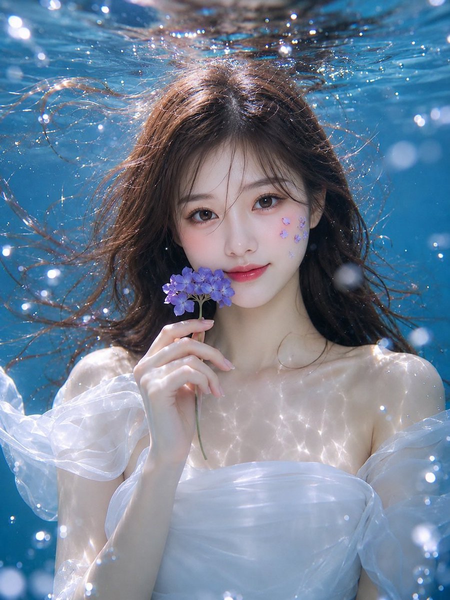 GPT Image 2 on ChatGPT Prompt: 超写实水下美妆编辑人像：一位美丽的年轻东亚女性置身于清澈透明的工作室水箱内，上半身特写，居中构图，直视镜头，神态宁静…