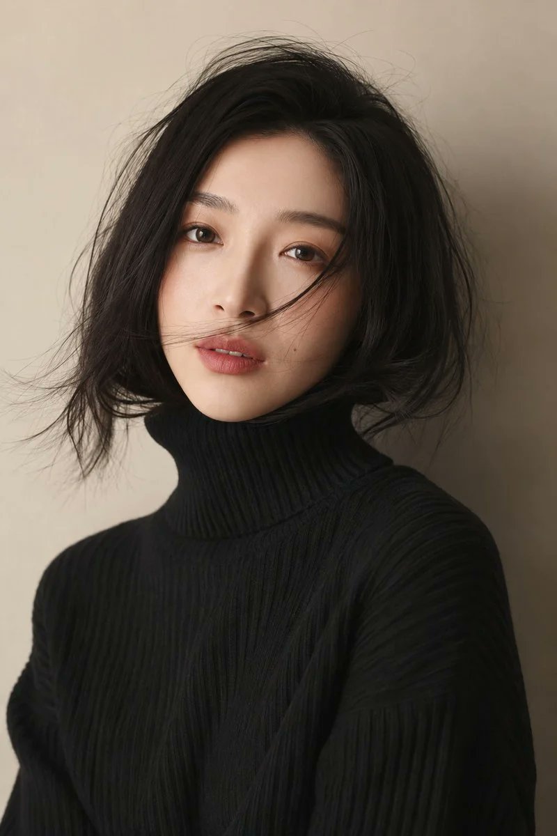 创建一张写实风格的竖版近景时尚美妆人像照片，采用柔和、极简的风格，适合室内拍摄。画面中是一位东亚地区的成年女性，取景范围从她的上半身延伸至头顶；她位于画面中心略偏右的位置，背景为…