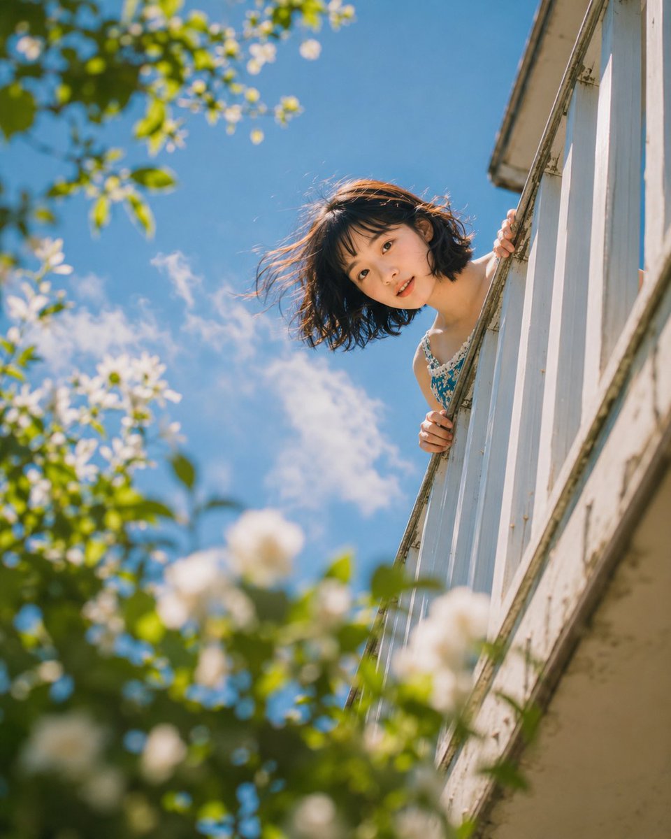低角度特写镜头,少女的脸从白色阳台栏杆后探出,双手紧握栏杆边缘清晰可见,与镜头直接进行俏皮的眨眼交流,短黑发被风吹起,肩部可见碎花裙肩带,前景是重度模糊的绿叶和白色花朵,背景为蓝…