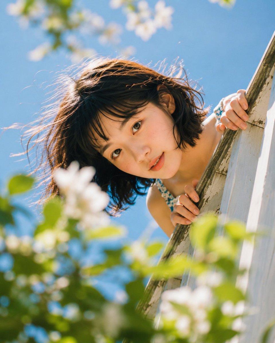 低角度特写镜头,少女的脸从白色阳台栏杆后探出,双手紧握栏杆边缘清晰可见,与镜头直接进行俏皮的眨眼交流,短黑发被风吹起,肩部可见碎花裙肩带,前景是重度模糊的绿叶和白色花朵,背景为蓝…