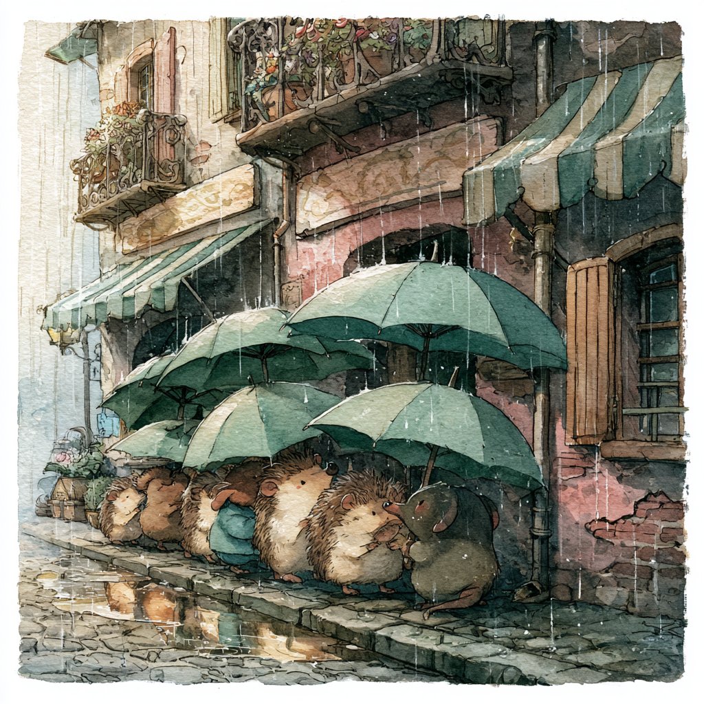 雨光小志👇👇👇 一小群[SUBJECT]拟人化的动物村民聚集在鹅卵石铺就的村庄街道的雨伞和雨篷下，以松散晕染的水彩渲染配合自信的细线墨线勾勒，绘本插画风格，柔…