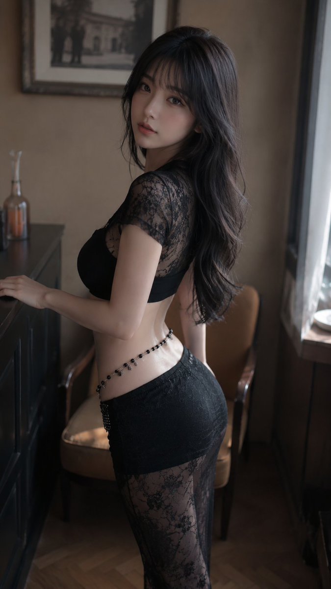 创作一幅写实的竖幅奢华时尚大片肖像,描绘一位21岁以上的东亚成年女性,她站在一间温暖柔和的复古房间内,倚靠在一扇深色门框旁。她略偏左侧,画面从大腿中部到头部被框住,她轻轻倚靠在黑…