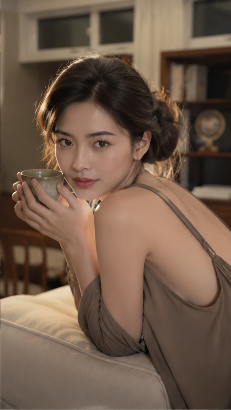 GPT Image 2 on ChatGPT Prompt⬇️⬇️⬇️ 写实竖幅室内生活方式人像，温暖惬意写真摄影风格。成年东亚女性，21岁以上，双手捧着陶瓷杯靠近嘴唇，倚靠在奶…