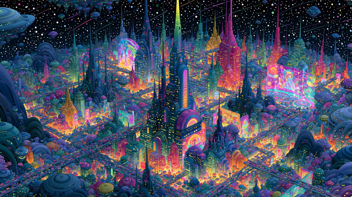 一座坐落在遥远外星球上的庞大都市，从轨道俯瞰，可见高耸的尖塔、悬浮的交通通道以及巨型全息广告牌，一切散发着明亮、大胆、美丽、对比鲜明且闪耀的霓虹色彩，呈现纯粹…