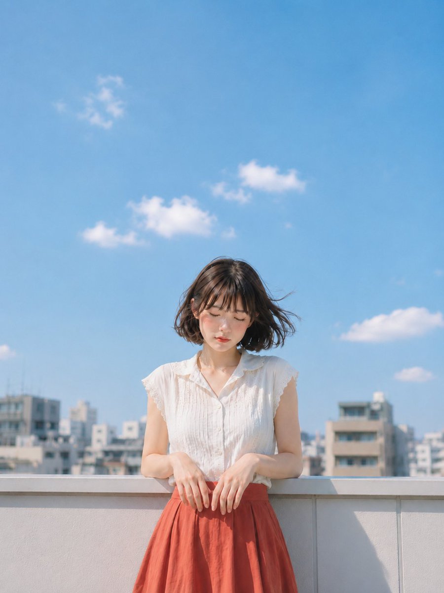 【GPT Image2プロンプト】 主題： 雲を数える手 主体： 縦長4:5の写真風ポートレート。明るい夏空の下、都会のマンション屋上で、自然な雰囲気の女性が…