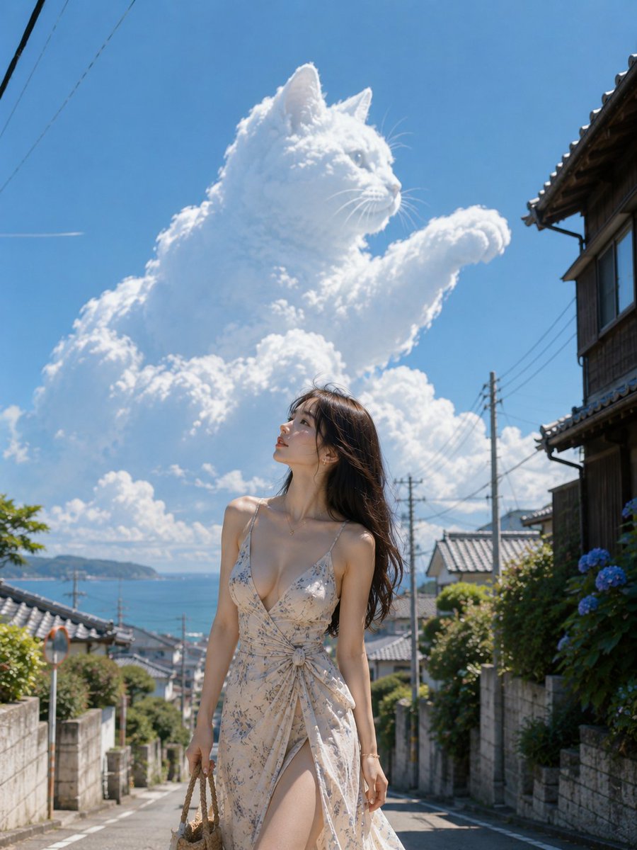 【GPT Image2 提示词】 主题: 漫步于夏日天空的猫 主体: 一张竖版 4:5 的摄影作品。背景是通往大海的日本静谧坡道,画面中央偏右站立着一位女性,而高空之上,一朵巨大…