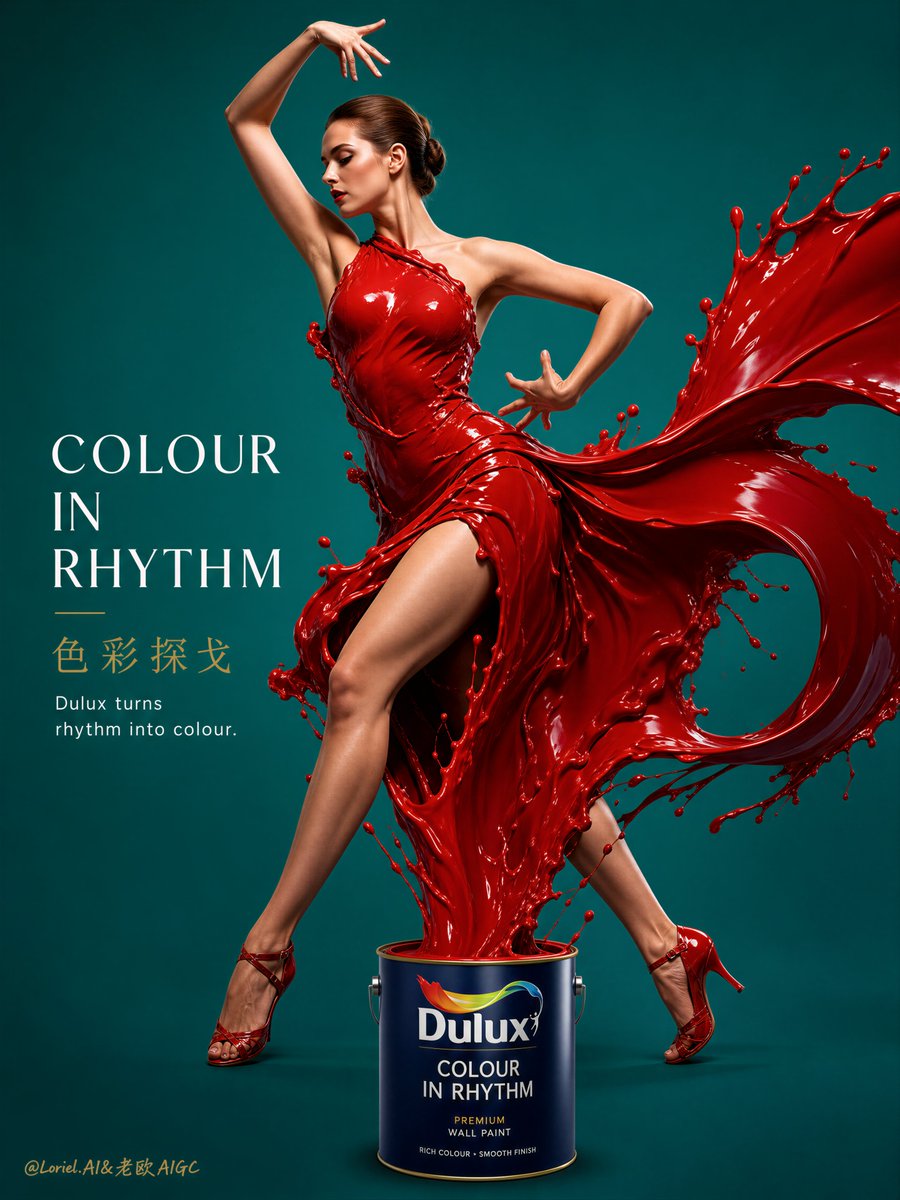 凌乱的油漆泼溅,卡通舞者,杂乱的背景,弱化的 Dulux 品牌标识,低细节液体,廉价时尚广告,粗糙的字体设计,不真实的解剖结构,浑浊的颜色,弱对比度,低端海报设计