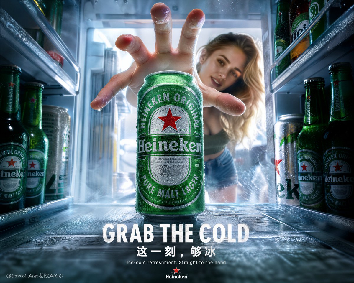 扭曲的手指, 手部解剖结构错误, 产品可见度弱, 冰箱杂乱, 构图凌乱, 廉价饮料广告, 卡通写实风格, 罐身细节不足, Heineken 品牌标识错误, 过度结霜, 浑浊的光线…