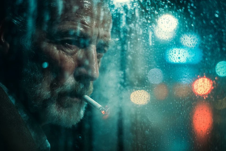 透过布满雨滴的玻璃看到的逼真[主体]。雾气弥漫的氛围，冷色调电影感光影，蓝光与钨丝灯光交织，伴有散景扭曲。情绪化且富有感染力，具备电影剧照的美学风格。 试试看…