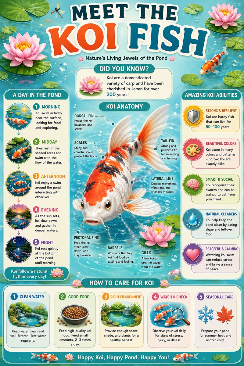 教育信息图海报，标题为"认识锦鲤"（MEET THE KOI FISH）。一条友好的超写实3D锦鲤，长着富有表现力的眼睛、闪烁的彩色鳞片和飘逸的鱼鳍，在漂浮的…
