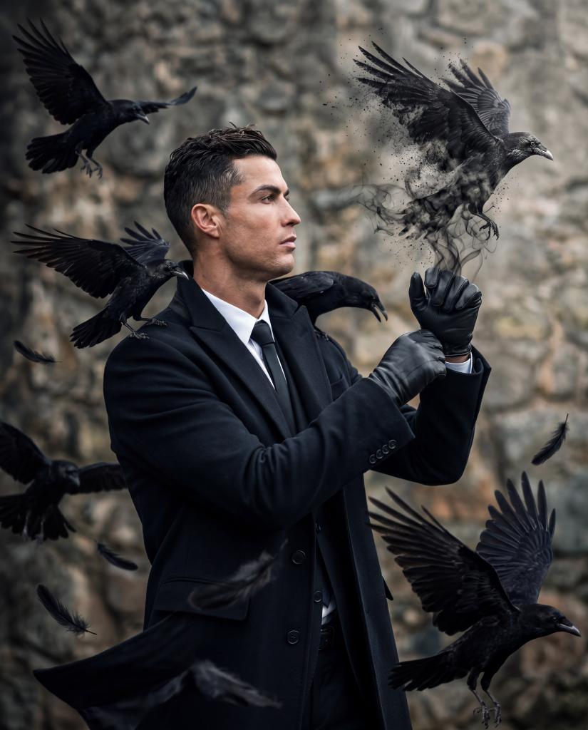 超写实奢华运动时尚大片,主角为克里斯蒂亚诺·罗纳尔多(Cristiano Ronaldo),保留其标志性的面部特征、运动体型、利落发型与自信气质。他身穿一件高…