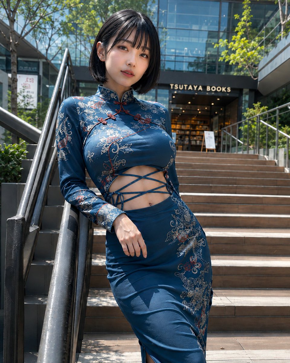 二十多岁的成年东亚女性,日本族裔,黑色短发波波头配齐刘海,表情柔和中性,站立并略微倚靠在木质楼梯上的黑色金属栏杆旁。她身穿一件现代改良版蓝色旗袍连衣裙,长袖上饰有精致的银色和红色…
