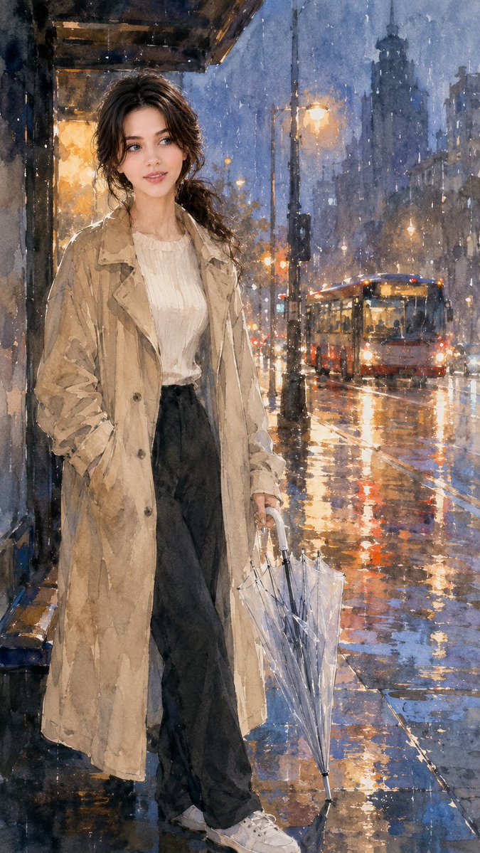 雨夜城市漫步 提示词： 超写实IMAX级Netflix风格高级水彩插画，9:16竖版构图，一位美丽的年轻女子在细雨绵绵的傍晚独自站在一座现代都市公交车站旁，整…