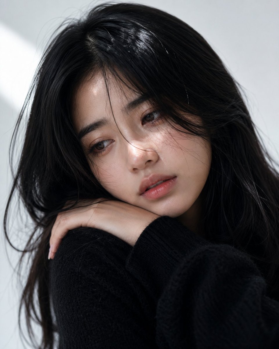 极度写实的极致特写美妆人像,拍摄一位20岁、容貌出众的印尼女子。她拥有白皙暖调的肌肤、光滑透亮的肤色、真实的毛孔、细腻自然的微光以及完美无瑕的健康肌理。她有着一头长而深邃的乌黑长…