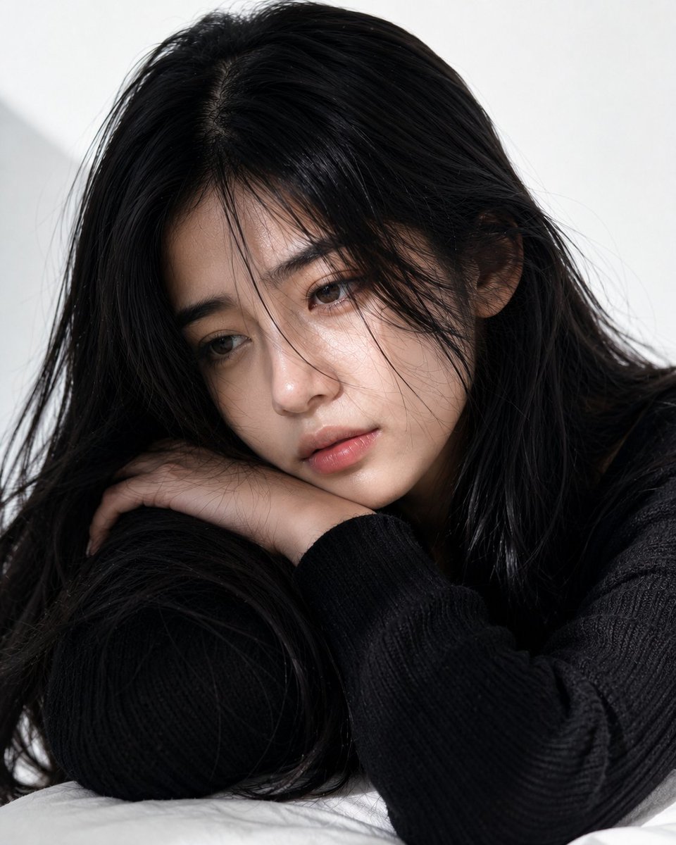 极度写实的极致特写美妆人像,拍摄一位20岁、容貌出众的印尼女子。她拥有白皙暖调的肌肤、光滑透亮的肤色、真实的毛孔、细腻自然的微光以及完美无瑕的健康肌理。她有着一头长而深邃的乌黑长…