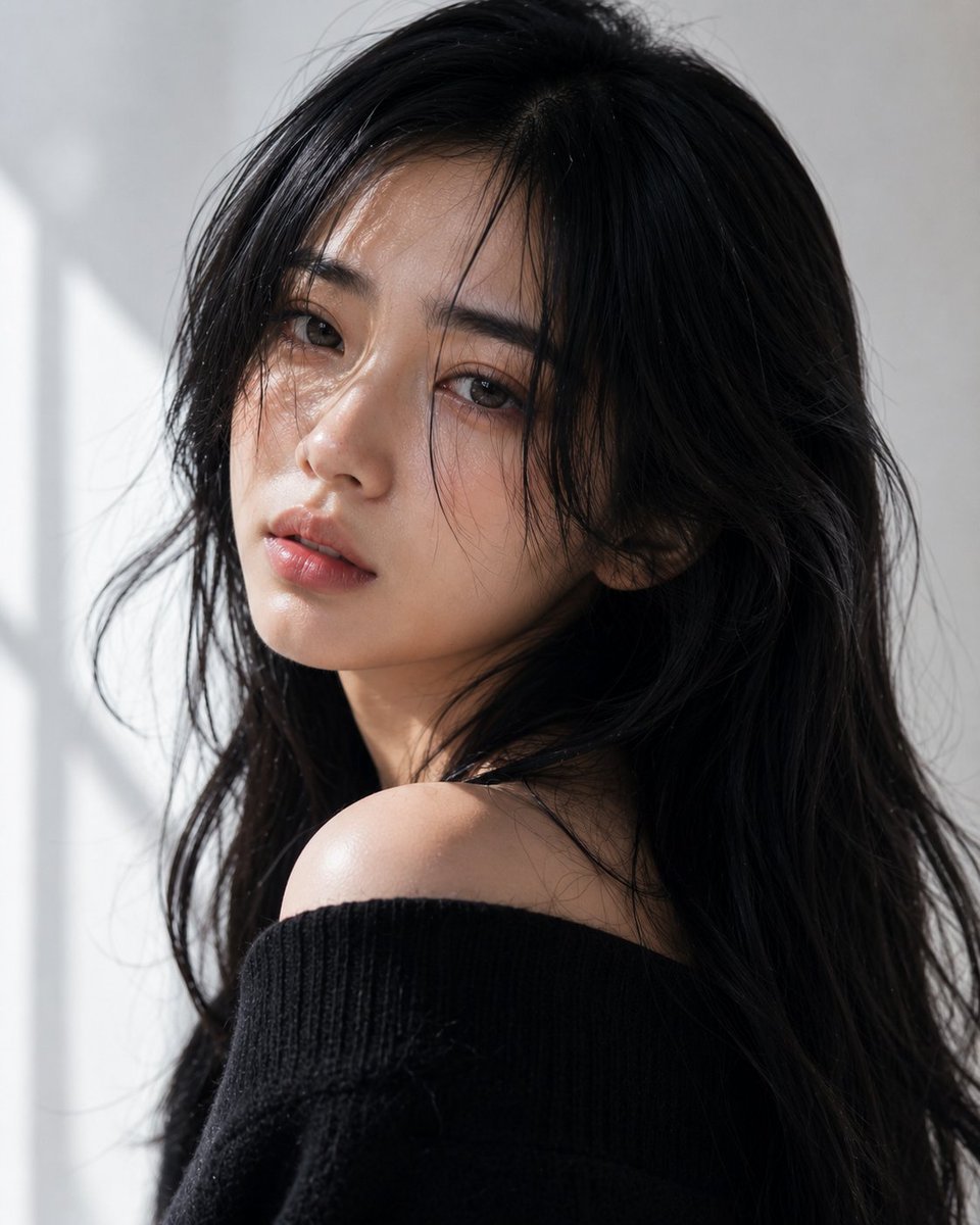 极度写实的极致特写美妆人像,拍摄一位20岁、容貌出众的印尼女子。她拥有白皙暖调的肌肤、光滑透亮的肤色、真实的毛孔、细腻自然的微光以及完美无瑕的健康肌理。她有着一头长而深邃的乌黑长…