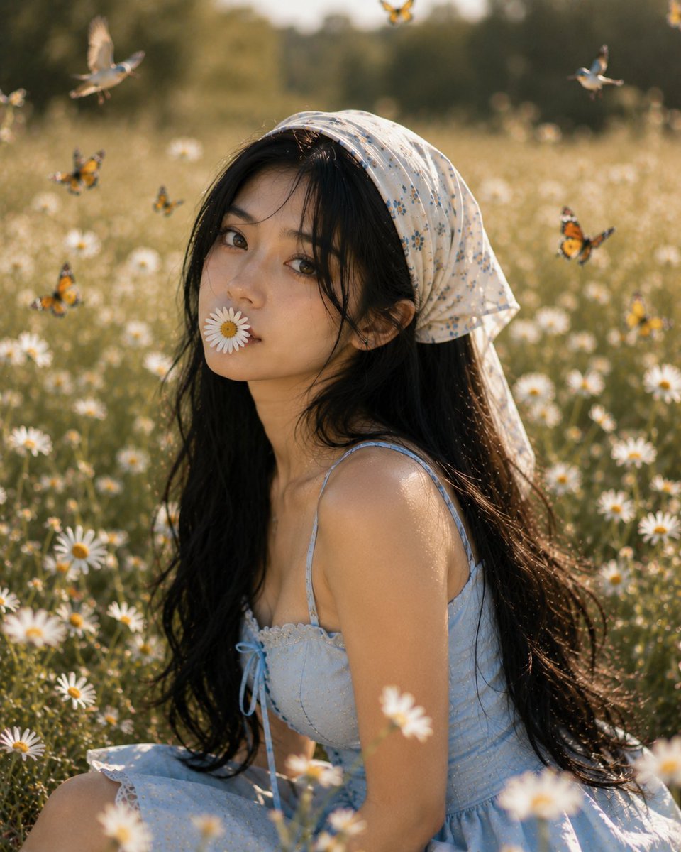 超现实主义的编辑级肖像作品,描绘一位极其美丽的19岁印度尼西亚女性,拥有白皙温暖的肤色、丝般顺滑的乌黑长发以及精致的自然妆容。她头系一条白色碎花图案的方巾,身着带细腻蕾丝细节的无…