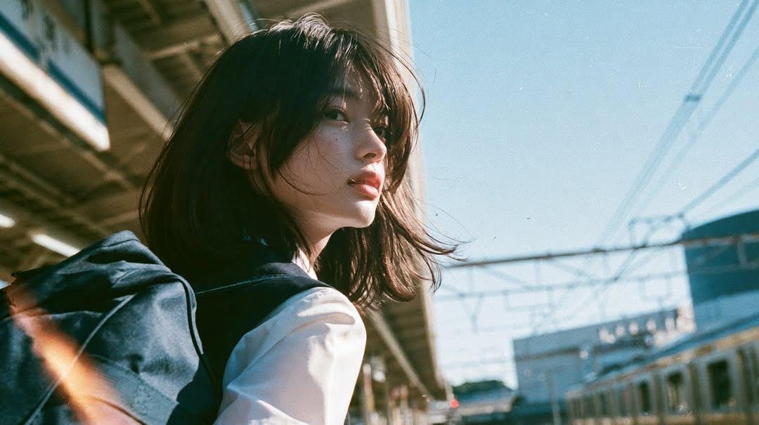 夏日午后明亮的阳光下，在郊区火车站拍摄一名日本高中女生的电影感成长肖像，身穿白色水手风格校服搭配浅蓝色短裙，背着一个藏青色书包和双肩包。肩部黑发被自然风吹动…