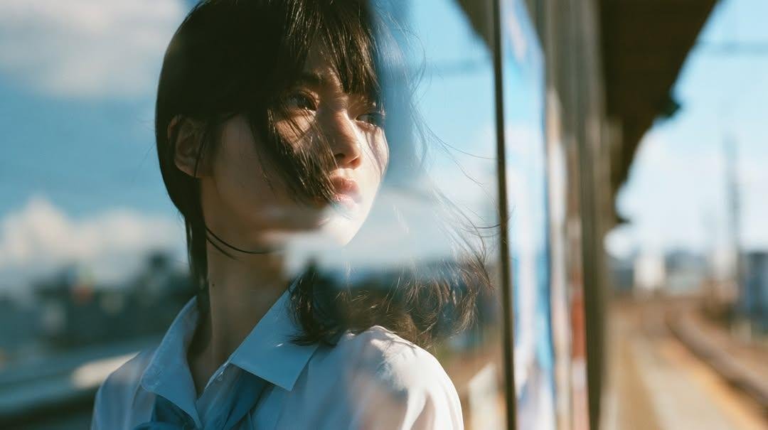 夏日午后明亮的阳光下,在郊区火车站拍摄一名日本高中女生的电影感成长肖像,身穿白色水手风格校服搭配浅蓝色短裙,背着一个藏青色书包和双肩包。肩部黑发被自然风吹动,捕捉自然表情,望向火…