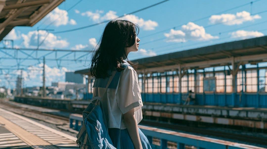 夏日午后明亮的阳光下,在郊区火车站拍摄一名日本高中女生的电影感成长肖像,身穿白色水手风格校服搭配浅蓝色短裙,背着一个藏青色书包和双肩包。肩部黑发被自然风吹动,捕捉自然表情,望向火…