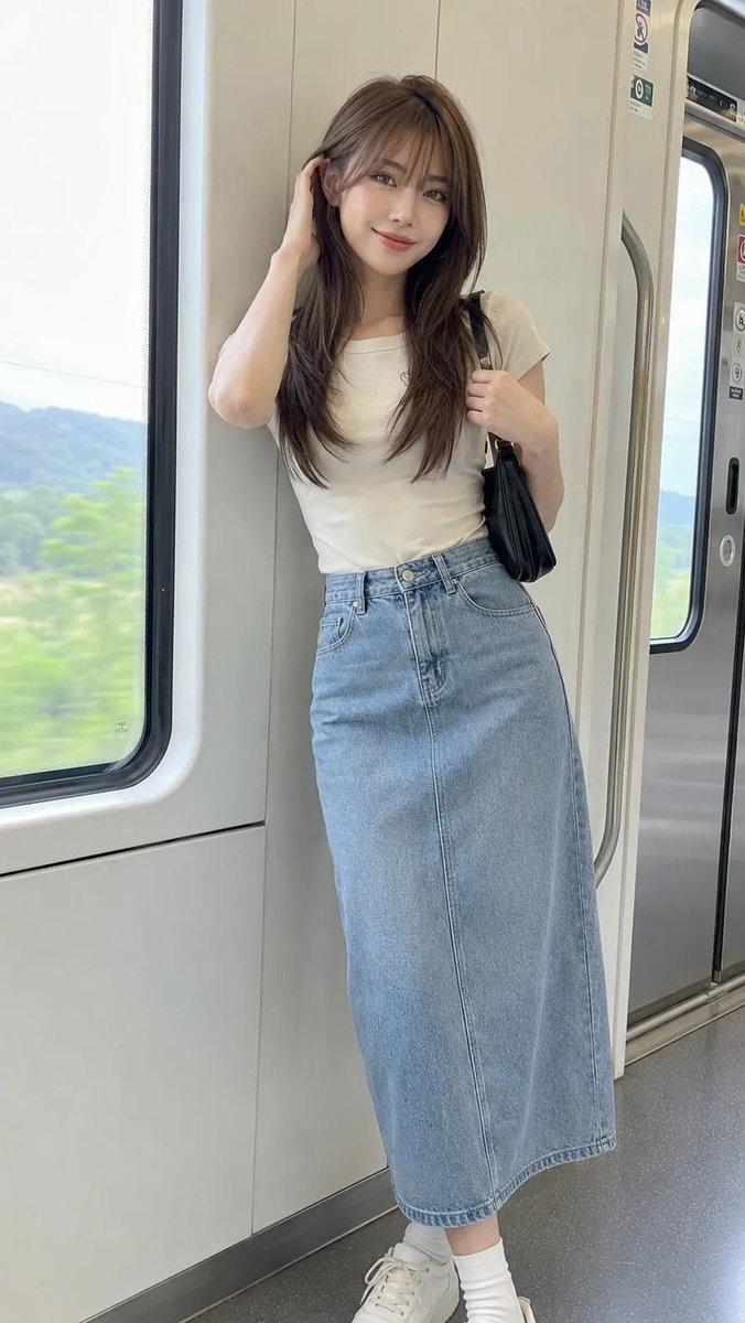 一张超写实的逼真肖像照，画面中是一位美丽的年轻韩国女性，皮肤光滑，留着齐肩黑色短发，柔和的刘海，笑容温柔。她随意地倚靠在现代火车的内壁上，直视镜头。她穿着极简的米色圆领纯棉T恤…