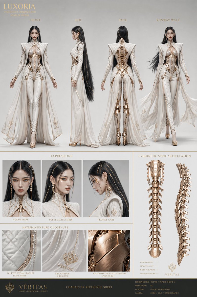 "奢华机甲高定大使", "physical_attributes": { "build": "如雕塑般修长，高级时装秀场比例", "facial_featur…
