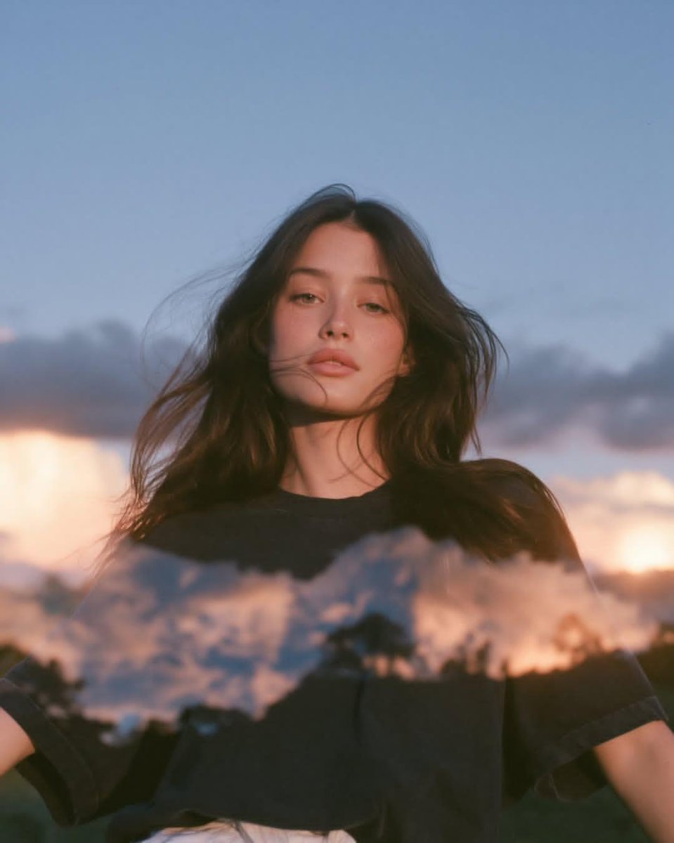 超电影感梦幻模拟胶片人像摄影：一位年轻女性在日落后蓝调时刻的户外站立，深棕色长发被微风轻轻吹乱，松散的发丝自然地掠过她的面庞，身穿一件宽松褪色的黑色T恤，极简造型，自然肌肤质感…
