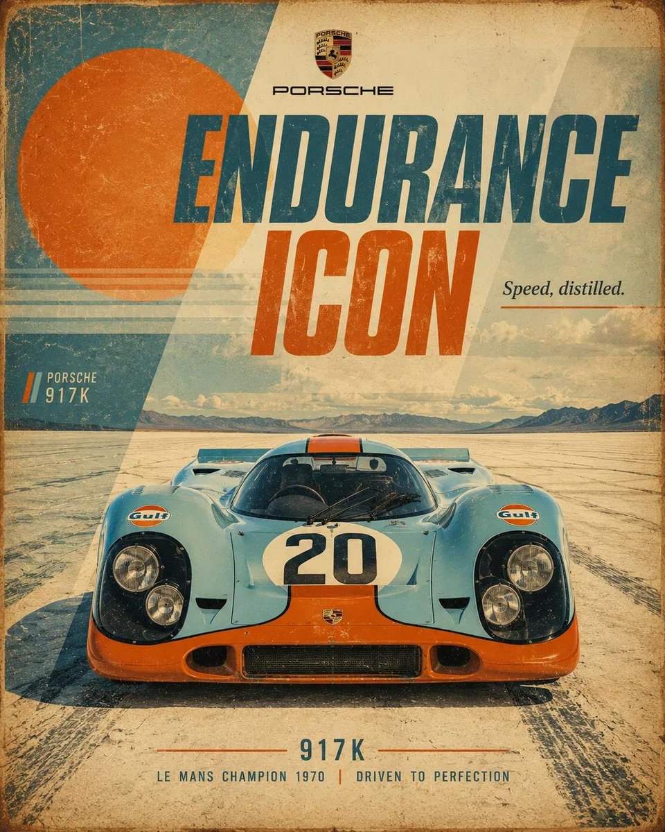 复古赛车运动海报，[CAR]，4:5 竖版。以低角度正面英雄视角展示[COLOR]色[CAR]，在画面中居中置于[SCENERY]之上。背景以极简的场景纵深与分层平面设计元素构建…