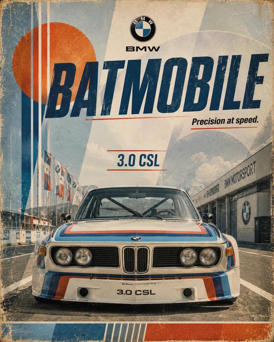 复古赛车运动海报，[CAR]，4:5 竖版。以低角度正面英雄视角展示[COLOR]色[CAR]，在画面中居中置于[SCENERY]之上。背景以极简的场景纵深与分层平面设计元素构建…