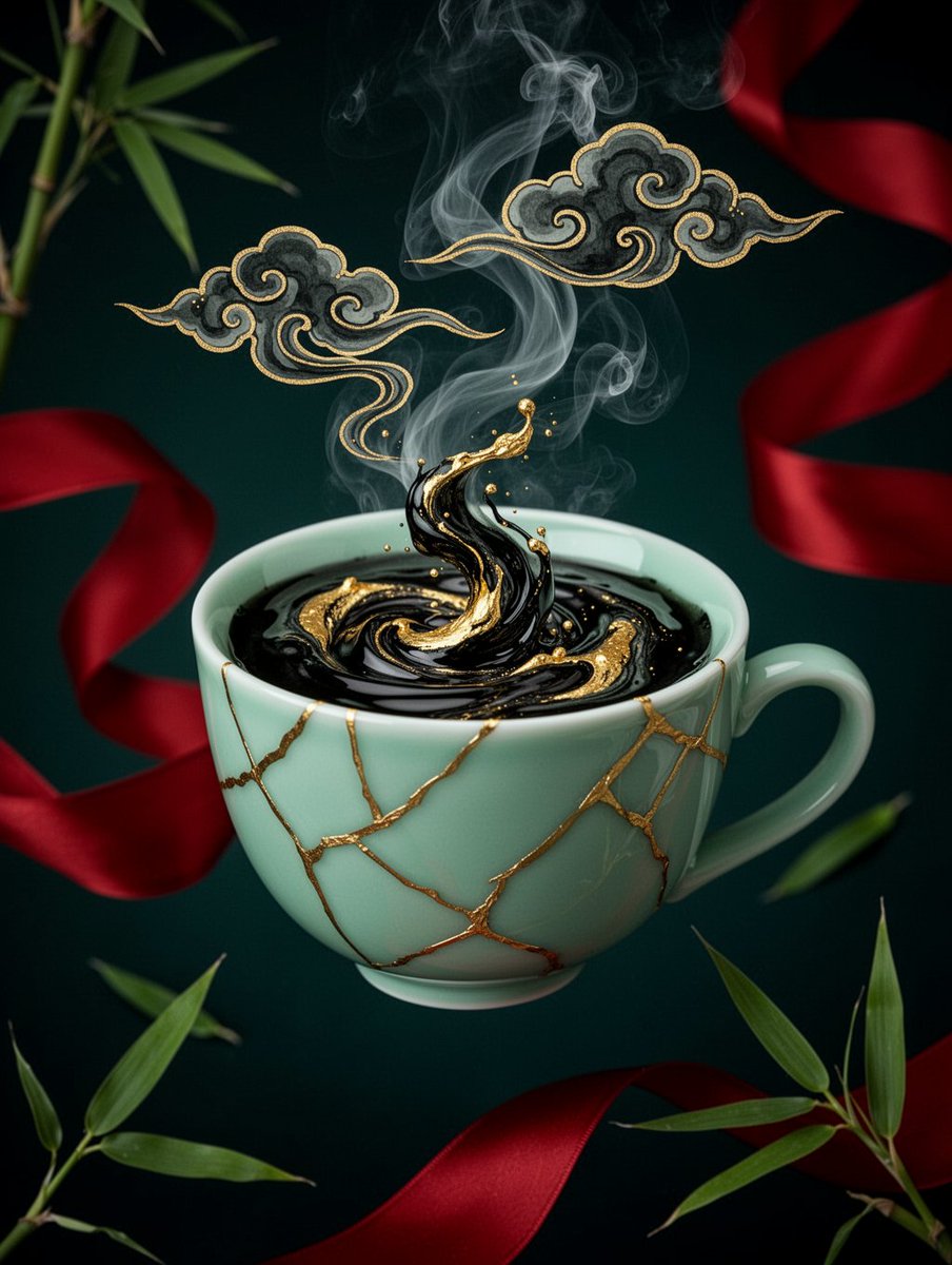 一只青瓷浅玉色瓷茶杯漂浮在深青色至黑色的背景前，杯身表面布满细密的金色金缮裂纹（金修陶瓷）。杯内是一团旋转的漩涡，由光润的黑色液体与流动的熔金交织而成，仿佛墨与金相互折叠。从杯中…